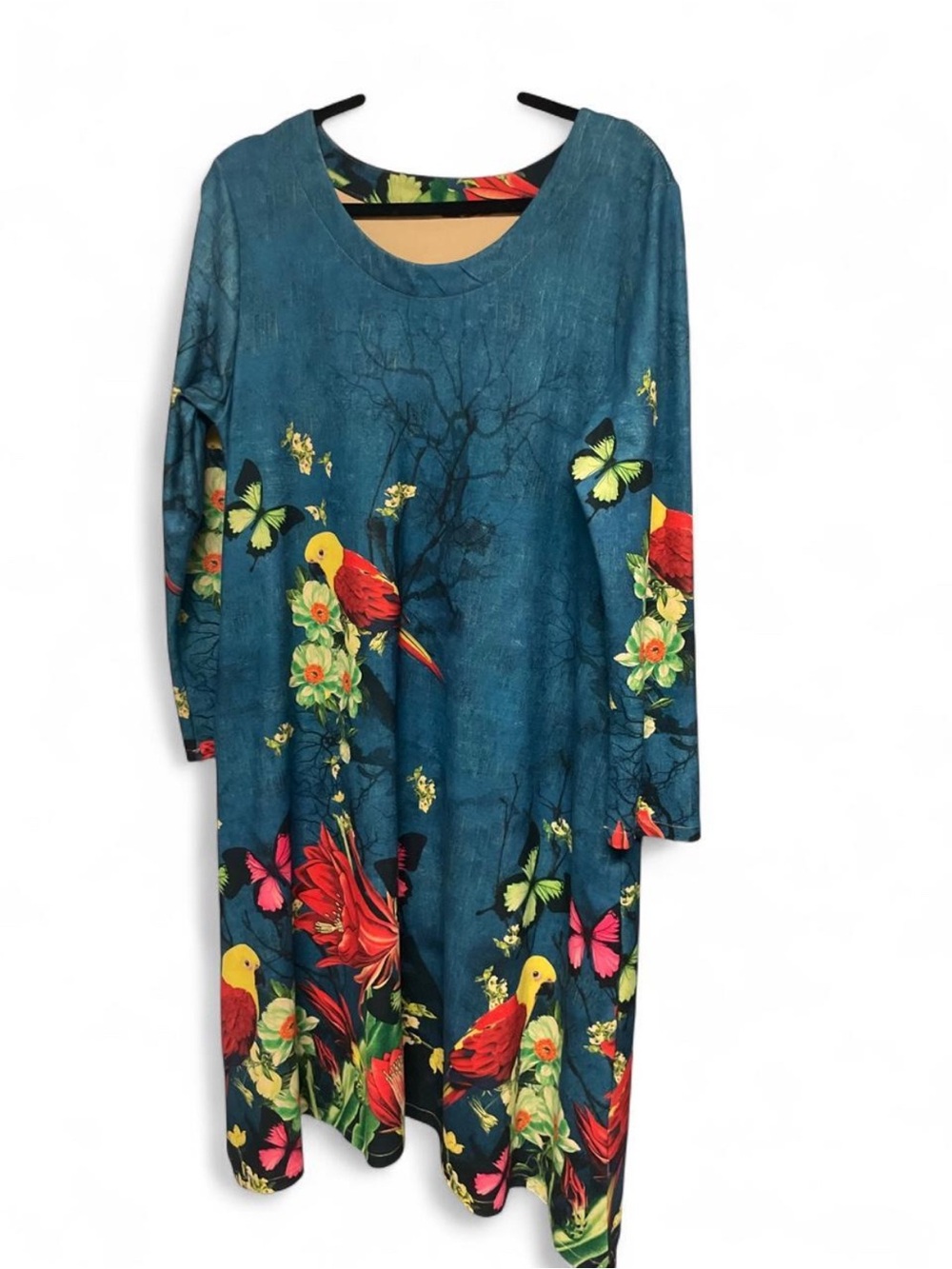 Teal Floral & Parrot Print Midi Dress